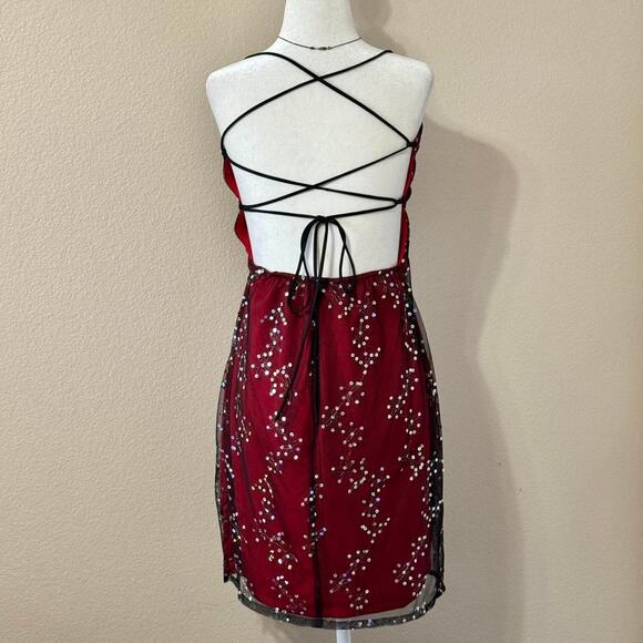 90s red and silver sequin mesh lace up dress - Picture 3 of 7